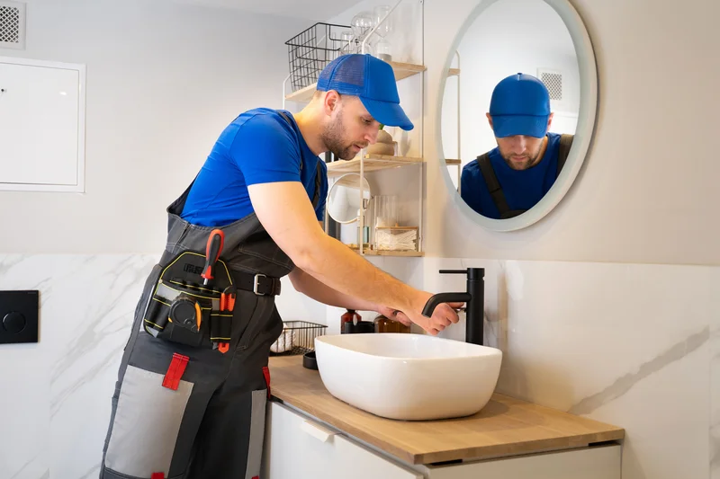 Plumber installing a new black faucet during a bathroom remodel Plumber installing a new black faucet during a bathroom remodel