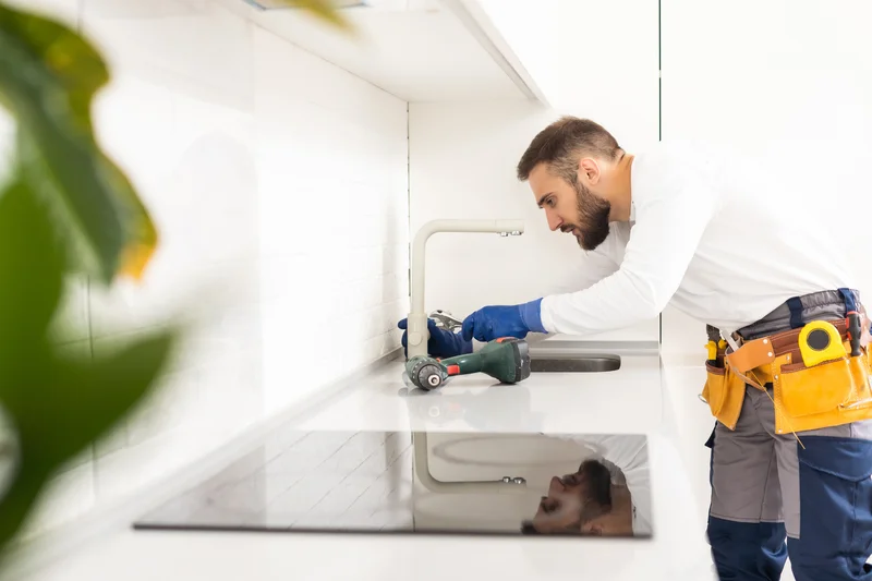 Kitchen remodeling service technician installing kitchen sink faucet Kitchen remodeling service technician installing kitchen sink faucet