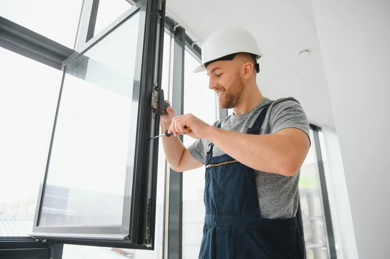 Professional window installer fixing a black vinyl window frame Professional window installer fixing a black vinyl window frame
