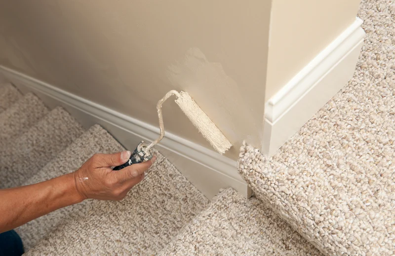 Detail of a professional painter touching up a wall next to carpeted stairs. Detail of a professional painter touching up a wall next to carpeted stairs.