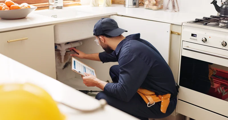 Plumber checking plumbing under the kitchen sink for a kitchen remodeling project. Plumber checking plumbing under the kitchen sink for a kitchen remodeling project.