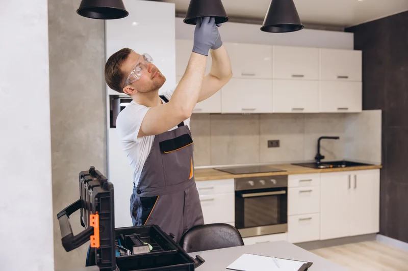 Handyman installing modern black pendant light fixture in kitchen Handyman installing modern black pendant light fixture in kitchen