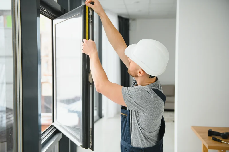 Window installer measuring a vinyl window frame with tape measure Window installer measuring a vinyl window frame with tape measure