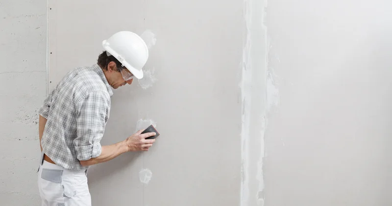 Drywall repair contractor sanding wall joint compound before painting Drywall repair contractor sanding wall joint compound before painting