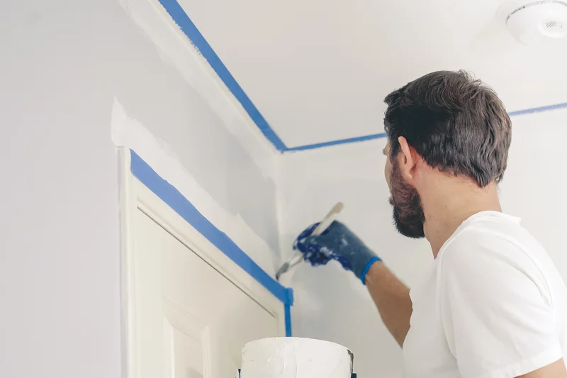 Professional painter cutting in wall edges with a brush and blue painter's tape Professional painter cutting in wall edges with a brush and blue painter's tape