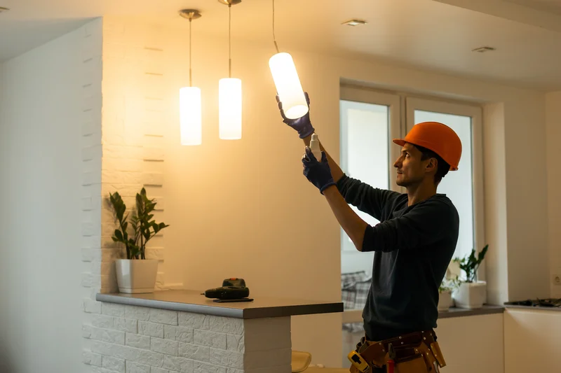 Electrician wearing hard hat installing pendant lights in renovated kitchen Electrician wearing hard hat installing pendant lights in renovated kitchen