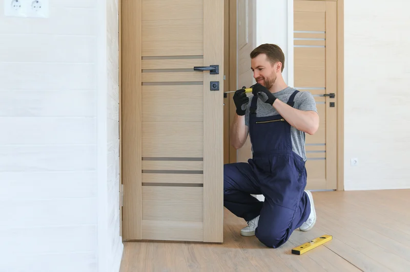 Professional installing door hardware as part of home remodeling