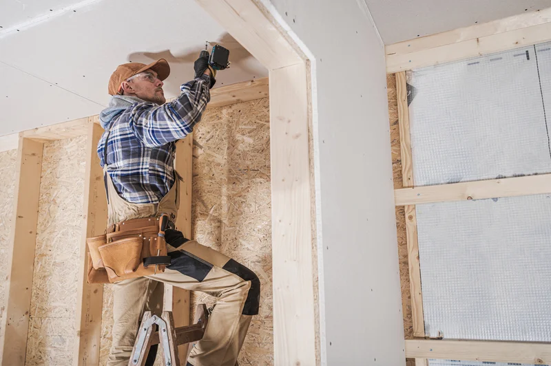 Professional contractor installing drywall panels on a room ceiling. Professional contractor installing drywall panels on a room ceiling.