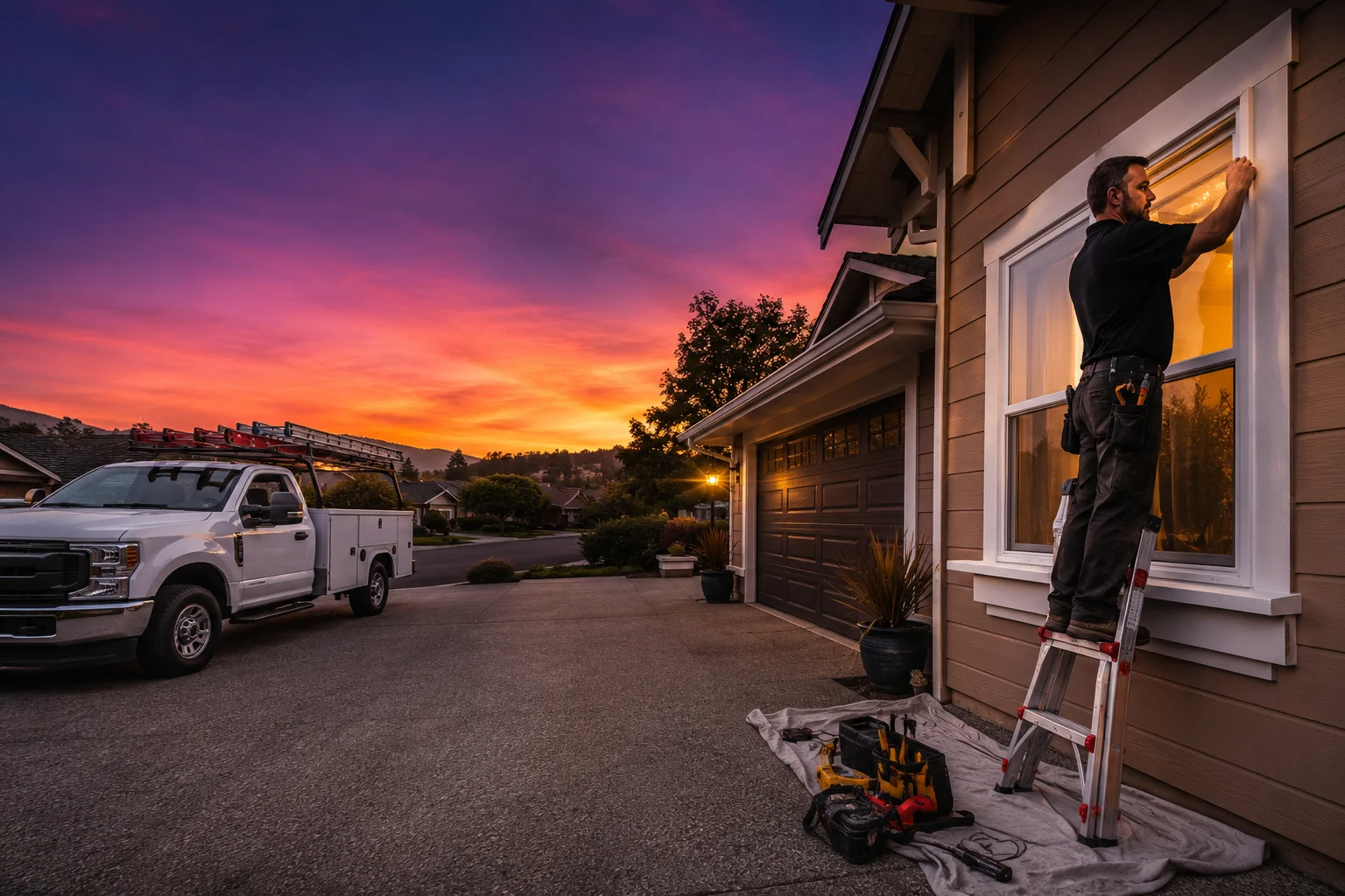 Professional window installation service on a house exterior during sunset Professional window installation service on a house exterior during sunset