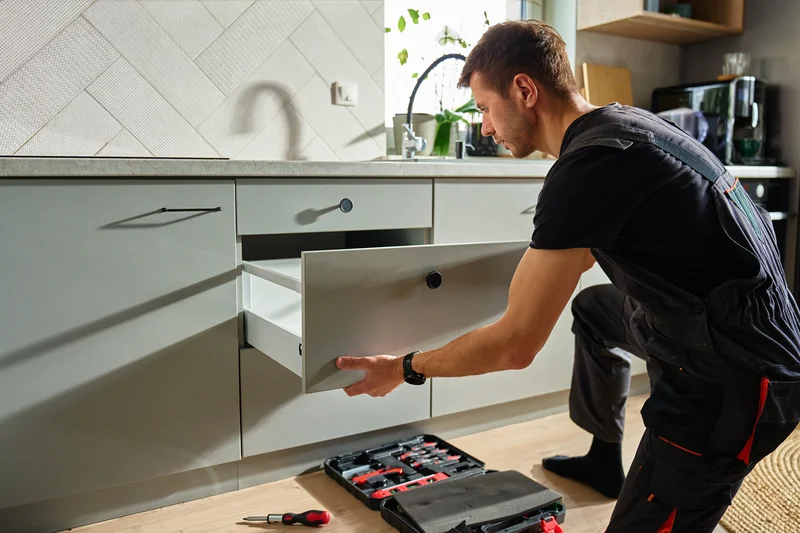 Professional handyman installing modern grey kitchen cabinet drawer Professional handyman installing modern grey kitchen cabinet drawer
