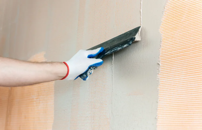 Contractor using a trowel to apply plaster over drywall tape Contractor using a trowel to apply plaster over drywall tape